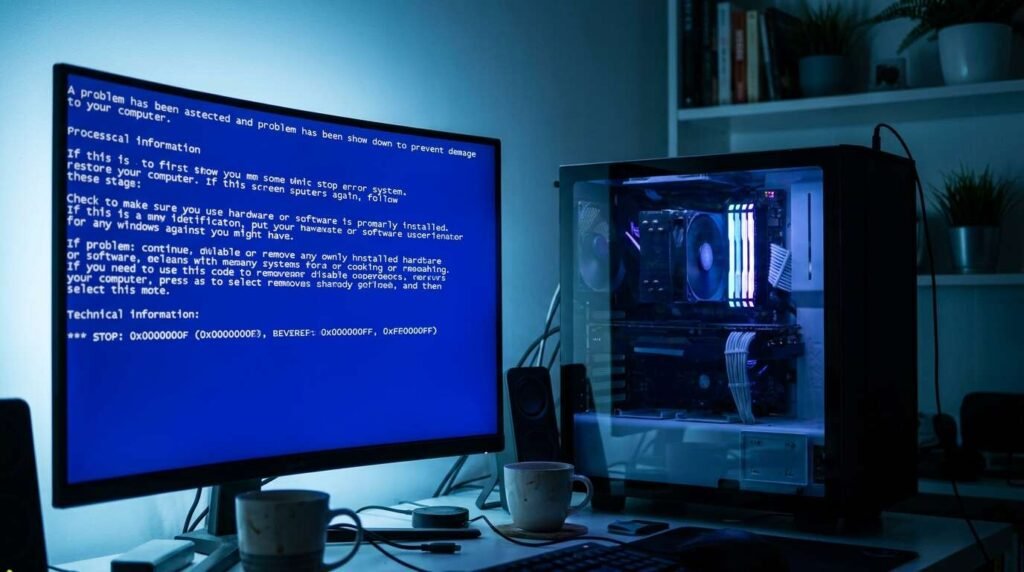A blue screen error visible on a PC monitor
