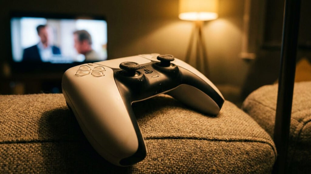 A PS5 DualSense controller resting on a couch cushion