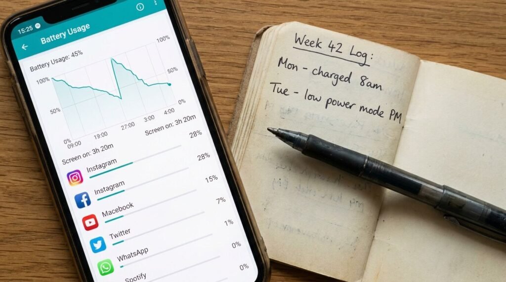 Smartphone displaying a battery tracking app next to a handwritten weekly log notebook