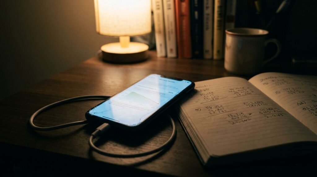 Smartphone showing battery health percentage graph on a desk at night with charging cable and notebook