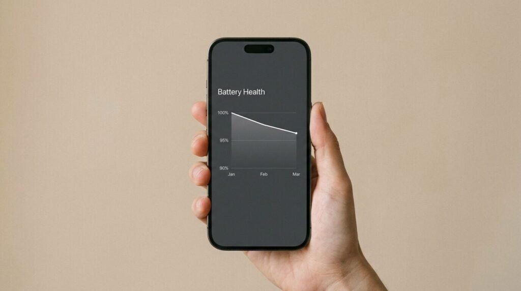 Smartphone screen showing a declining battery health graph over three months of use